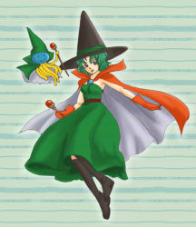 Rule 34 | boots, cape, chunsoft, cosplay, curly hair, dragon quest, dragon quest iii, dragon quest iv, dress, enix, gloves, green hair, hat, heroine (dq4), healslime, mage (dq3), mage (dq3) (cosplay), nao (moji), purple eyes, short hair, smile, solo, wand, wizard hat