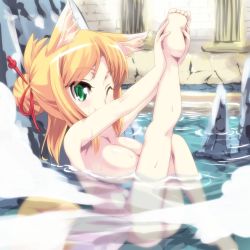 Rule 34 | barefoot, bathing, blonde hair, blush, breasts, dog days, fox ears, fox tail, green eyes, hair ornament, hair up, katuhata, large breasts, leg up, navel, nude, smile, solo, tail, water, wet, wink, yukikaze panettone