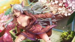 Rule 34 | 1girl, animal ears, animal print, artist name, artist request, black hanekawa, breasts, cat ears, cat print, cherry blossoms, commentary, hanekawa tsubasa, large breasts, lipstick, long hair, makeup, monogatari (series), open clothes, parted lips, red lips, silver hair, slit pupils, solo, very long hair, yellow eyes