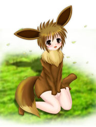 Rule 34 | :d, androgynous, animal ears, aoi kanan, blush, brown eyes, brown hair, creatures (company), eevee, full body, game freak, gen 1 pokemon, gender request, looking at viewer, nintendo, open mouth, outdoors, personification, pokemon, short hair, sitting, smile, solo, tail, wariza
