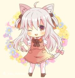 Rule 34 | 1girl, ;d, ahoge, animal ear fluff, animal ears, black bow, black footwear, blue flower, blush, boots, bow, brown background, brown dress, brown eyes, cat ears, cat girl, cat tail, chibi, collared shirt, commentary request, copyright request, dress, floral background, flower, full body, grey hair, hair between eyes, hand up, kou hiyoyo, long hair, one eye closed, open mouth, pantyhose, pink bow, puffy short sleeves, puffy sleeves, purple flower, shirt, short sleeves, simple background, sleeveless, sleeveless dress, smile, solo, standing, tail, tail bow, tail ornament, two side up, very long hair, white pantyhose, white shirt, yellow flower