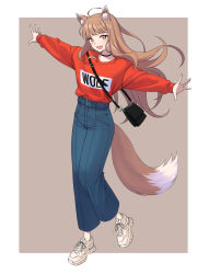 Rule 34 | 1girl, animal ear fluff, animal ears, bag, balenciaga, balenciaga triple s, beige background, black choker, brown hair, child (isoliya), choker, clothes writing, contemporary, cowlick, denim, english text, fang, handbag, highres, holo, jeans, long hair, looking at viewer, looking up, orange eyes, outstretched arms, pants, red sweater, shoes, smile, sneakers, solo, spice and wolf, sweater, t-pose, tail, wolf ears, wolf girl, wolf tail