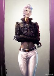 Rule 34 | 1boy, belt, blue eyes, collar, commentary request, cropped jacket, crossed arms, fate/grand order, fate (series), gloves, grin, head tilt, jacket, k-suwabe, leather, leather gloves, leather jacket, lipstick, looking at viewer, makeup, male focus, pants, scandinavia peperoncino, smile, solo, standing, tight clothes, tight pants, twitter username, upper body, white hair
