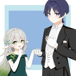 1boy 1girl alternate_costume alternate_hairstyle aqua_flower bare_shoulders black_pants blunt_ends bow bowtie breast_pocket contemporary cross-shaped_pupils double-parted_bangs dress elbow_gloves eyeliner eyeshadow flower genshin_impact gloves gradient_hair green_dress green_eyes green_hair hair_between_eyes hair_down hair_flower hair_intakes hair_ornament hand_on_own_chest hand_on_own_chin hetero highres holding_hands jacket kalpalata_lotus lapels leaf leaf_hair_ornament light_blush looking_at_another lotus makeup multicolored_flower multicolored_hair nahida_(genshin_impact) napkin off_shoulder omochi_(omoch1_93) open_clothes open_jacket open_mouth pants parted_bangs pocket pointy_ears purple_eyes purple_hair red_eyeliner red_eyeshadow ringlets scaramouche_(genshin_impact) symbol-shaped_pupils teeth tuxedo tuxedo_jacket tuxedo_shirt upper_teeth_only vest waistcoat white_bow white_bowtie white_gloves white_hair yellow_flower