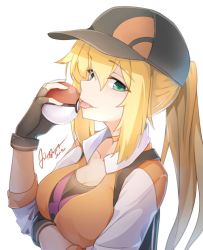 Rule 34 | 10s, 1girl, baseball cap, black gloves, black hat, blonde hair, blush, breast hold, breasts, choker, cleavage, collarbone, creatures (company), eyebrows, female protagonist (pokemon go), fingerless gloves, game freak, gloves, hair between eyes, hat, holding, holding poke ball, licking, long hair, long sleeves, looking at viewer, medium breasts, nintendo, poke ball, poke ball (basic), pokemon, pokemon go, ponytail, saliva, sidelocks, signature, simple background, solo, tilt-shift (azalanz), tongue, tongue out, upper body, white background
