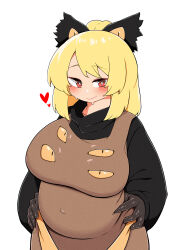 Rule 34 | 1girl, absurdres, big belly, black bow, black gloves, black shirt, blonde hair, blush, bow, breasts, bright pupils, brown dress, closed mouth, commentary, covered navel, cowboy shot, dress, extra eyes, gloves, hair bow, hair bun, hands on own hips, heart, highres, kurodani yamame, large breasts, long sleeves, looking at viewer, medium bangs, medium hair, outie navel, pinafore dress, pregnant, red eyes, ribbon, rinyamame, shirt, simple background, sleeveless, sleeveless dress, smile, solo, touhou, white background, white pupils, yellow ribbon