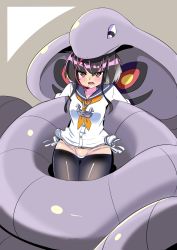 Rule 34 | 1girl, arbok, black hair, black thighhighs, blue sailor collar, brown eyes, commission, creatures (company), crossover, dress, edoara, game freak, gen 1 pokemon, grey hair, highres, kantai collection, long sleeves, multicolored hair, neckerchief, nintendo, open mouth, panties, pokemon, pokemon (creature), sailor collar, sailor dress, shirt, short dress, short hair with long locks, side-tie panties, simple background, skeb commission, thighhighs, tied shirt, tokitsukaze (kancolle), tongue, underwear, white dress, white panties, yellow neckerchief