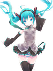 Rule 34 | 1girl, ahoge, aqua eyes, aqua hair, blush, detached sleeves, floating hair, hatsune miku, highres, kowiru, long hair, necktie, panties, revision, simple background, skirt, smile, solo, striped clothes, striped panties, thighhighs, twintails, underwear, vocaloid, white background, wind, wind lift