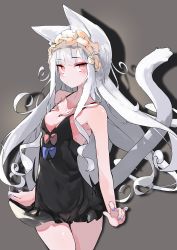 Rule 34 | 1girl, absurdres, animal ear fluff, animal ears, black dress, blue bow, blue nails, blush, bow, breasts, cleavage, collarbone, cowboy shot, dress, dress bow, dress grab, drop shadow, gingerbullet, grey background, hair over shoulder, highres, long hair, looking at viewer, maid headdress, nail polish, red bow, red eyes, short dress, silver hair, small breasts, solo, standing, sundress, tail, tail raised, very long hair