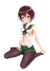Rule 34 | 10s, 1girl, absurdres, bad id, bad pixiv id, black pantyhose, blush, breasts, brown hair, covered erect nipples, gradient hair, highres, kantai collection, looking at viewer, multicolored hair, mutsuki (kancolle), navel, pantyhose, puririn, red hair, school uniform, see-through, serafuku, short hair, simple background, sitting, sleeveless, small breasts, solo, wariza, wet, wet clothes, white background