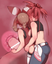 Rule 34 | 2girls, absurdres, ass, back, bar censor, blush, breasts, brown hair, censored, clothed sex, creatures (company), flannery (pokemon), futa with female, futanari, game freak, hair ribbon, hairband, highres, may (pokemon), multiple girls, nintendo, nipples, penis, pokemon, pokemon oras, ponytail, red hair, red ribbon, ribbon, sex, sex from behind, sleeveless, striped, striped ribbon, two-tone ribbon, umonebi, white ribbon
