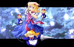 Rule 34 | 1girl, abstract background, alice margatroid, black border, blonde hair, blue eyes, border, frills, highres, medium hair, puppet, puppet strings, red ribbon, ribbon, shee take, solo, touhou