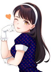 Rule 34 | 1girl, ;p, absurdres, black hair, blue shirt, blush, commentary request, earrings, gloves, hairband, heart, highres, jewelry, kubota miyu, long hair, looking at viewer, one eye closed, print shirt, real life, rrtp, shirt, short sleeves, solo, standing, swept bangs, tongue, tongue out, upper body, voice actor, white background, white gloves, white hairband, yellow eyes