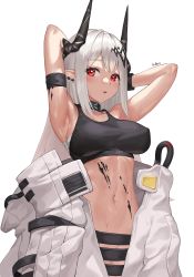 Rule 34 | 1girl, arknights, armband, armpits, arms up, black choker, choker, commentary, cowboy shot, crop top, highres, horns, infection monitor (arknights), karmiel, long hair, looking at viewer, material growth, midriff, mudrock (arknights), mudrock (elite ii) (arknights), navel, oripathy lesion (arknights), parted lips, red eyes, sarashi, silver hair, simple background, solo, sports bra, standing, stomach, sweat, white background