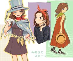 Rule 34 | 1girl, ace attorney, aged down, alternate costume, antenna hair, black socks, blue cape, blue eyes, blue headwear, blush, brooch, brown hair, cape, character name, commentary request, cropped torso, diamond earrings, dress, earrings, full body, gem, gloves, green gemstone, green scarf, hairband, hand on own hip, hand up, hat, hat removed, headwear removed, heart, holding, holding clothes, holding hat, jewelry, long hair, long sleeves, looking at viewer, low-tied long hair, magician, multiple views, open mouth, print cape, red dress, red hairband, red scarf, renshu usodayo, sandals, scarf, short dress, single earring, smile, socks, standing, swept bangs, top hat, trucy wright, white footwear, white gloves