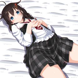 Rule 34 | 1girl, ahoge, bed, black hair, black skirt, blue eyes, braid, collared shirt, dd (ijigendd), dress shirt, hair flaps, hair ornament, hair over shoulder, highres, kantai collection, looking at viewer, lying, necktie, official alternate costume, own hands clasped, own hands together, plaid, plaid skirt, pleated skirt, red necktie, shigure (kancolle), shigure kai ni (kancolle), shirt, single braid, skirt, solo, white shirt
