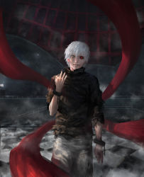 Rule 34 | 10s, 1boy, black nails, black sclera, blood, blood on face, bridge, checkered floor, colored sclera, cuffs, diaodiao, glowing, glowing eyes, grin, handcuffs, heterochromia, indoors, kagune (tokyo ghoul), kaneki ken, looking at viewer, male focus, mismatched sclera, nail polish, parted lips, realistic, red eyes, short hair, smile, solo, tokyo ghoul, torn clothes, white hair