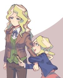 Rule 34 | 10s, 2girls, age difference, blonde hair, blue eyes, blush, child, diana cavendish, dual persona, formal, highres, jacket, little witch academia, long hair, multiple girls, open mouth, smile, suit, time paradox, toy, aged down