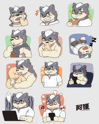 Rule 34 | 2boys, ^ ^, ajin (hirainaoto1), animal ears, arms around neck, arms behind back, bags under eyes, bara, bed, beenic, bite mark, blush stickers, bulge, chibi, closed eyes, condom, condom in mouth, condom wrapper, couple, cropped torso, cum, dog boy, dog ears, eating, erection, erection under clothes, expression chart, facial, facial hair, finger in another&#039;s mouth, forked eyebrows, furry, furry male, giving up the ghost, goatee, goatee stubble, grey fur, grin, happy, heart, highres, hug, hug from behind, implied pornography, lying, male focus, mouth hold, multiple boys, on back, original, short hair, shy, sleeping, smile, sparkling eyes, spoken heart, stubble, thick eyebrows, yaoi, zzz
