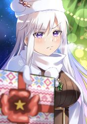 Rule 34 | 1girl, azur lane, box, breasts, coat, earmuffs, enterprise (azur lane), enterprise (reindeer master) (azur lane), gift, gift box, giving, highres, holding, holding gift, large breasts, long hair, looking at viewer, maroonabyss, merry christmas, night, presenting, purple eyes, santa costume, scarf, silver hair, solo, very long hair, white coat, white santa costume, white scarf, winter clothes