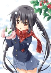Rule 34 | 1girl, bad id, bad pixiv id, black hair, foreshortening, holly, k-on!, long hair, mistletoe, mittens, nakano azusa, open mouth, red eyes, scarf, school uniform, snow, snow rabbit, solo, striped clothes, striped scarf, twintails, umino tomo