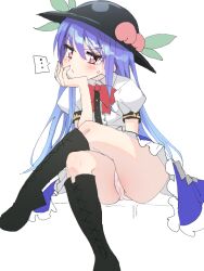 Rule 34 | ..., 1girl, angry, anonymous (japanese), bare legs, black footwear, black hat, blouse, blue hair, blue skirt, blush, boots, bow, buttons, center frills, closed mouth, collared shirt, cross-laced footwear, crossed legs, food, foot out of frame, frills, fruit, hand on own cheek, hand on own face, hat, head rest, hinanawi tenshi, knee boots, lace-up boots, leaf, long hair, looking at viewer, neck ribbon, one-hour drawing challenge, panties, pantyshot, peach, puffy short sleeves, puffy sleeves, red bow, red eyes, ribbon, shirt, short sleeves, simple background, sitting, sketch, skirt, solo, speech bubble, spoken ellipsis, sweatdrop, thighs, touhou, underwear, upskirt, v-shaped eyebrows, very long hair, white background, white panties, white shirt