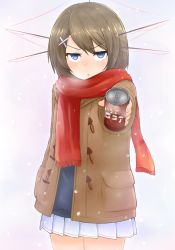 Rule 34 | 10s, 1girl, :&lt;, blue eyes, blush, brown hair, can, canned coffee, coffee, drink can, hair ornament, hairclip, headgear, kantai collection, looking at viewer, maya (kancolle), personification, pleated skirt, revision, scarf, short hair, skirt, winter clothes, yoosai