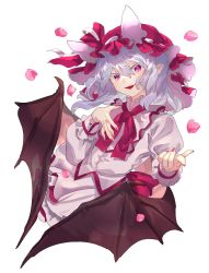 Rule 34 | 1girl, bat wings, chamaruk, cropped torso, dress, hair between eyes, hat, hat ribbon, heart, highres, looking at viewer, mob cap, nail polish, open mouth, petals, pointy ears, puffy sleeves, red eyes, red nails, red ribbon, remilia scarlet, ribbon, simple background, skirt, smile, solo, touhou, upper body, white background, wings