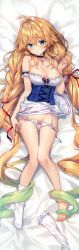 Rule 34 | 1girl, absurdres, ahoge, azur lane, bare shoulders, barefoot, bed sheet, blonde hair, blush, bow, bow panties, bowtie, braid, breasts, cleavage, closed mouth, clothes lift, collarbone, cross, cross earrings, cross necklace, dakimakura (medium), dress, earrings, fingernails, frills, full body, gradient hair, green eyes, green hair, hair bow, highres, huge filesize, jewelry, large breasts, le temeraire (azur lane), long hair, looking at viewer, lying, multicolored hair, necklace, on back, panties, panty pull, parted lips, red bow, riichu, scan, shiny skin, short dress, simple background, skirt, skirt lift, solo, strapless, strapless dress, thighs, toes, underwear, white legwear