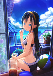Rule 34 | 1girl, :o, aiuabo, ball, beachball, bikini, black hair, blue eyes, blue nails, breasts, cloud, commentary request, cup, day, drinking glass, flower, food, frilled bikini, frills, hairband, halterneck, highres, holding, holding spoon, ice cream, long hair, looking at viewer, looking back, morning glory, nail polish, original, plant, potted plant, radio antenna, sidelocks, sitting, small breasts, solo, spoon, swimsuit