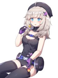 Rule 34 | 1girl, :p, aa-12 (girls&#039; frontline), ahoge, bare arms, bare shoulders, black hat, black shorts, black sweater, black thighhighs, blue eyes, blush, breasts, buckle, candy, character name, cleavage, closed mouth, collarbone, detached collar, food, girls&#039; frontline, gloves, grey hair, hair ornament, hat, highres, holding, holding candy, holding food, holding lollipop, kaoling, lollipop, long hair, looking at viewer, medium breasts, purple gloves, ribbed sweater, short shorts, shorts, sitting, smile, snap-fit buckle, solo, star (symbol), star hair ornament, sweater, thighhighs, tongue, tongue out, turtleneck, turtleneck sweater