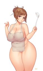 Rule 34 | 1girl, apron, bare arms, bare shoulders, breasts, brown eyes, brown hair, cleavage, collarbone, covered navel, cowboy shot, hair bun, hair ornament, hairpin, harry (dudwofla), highres, ladle, large breasts, lips, looking at viewer, matching hair/eyes, mei (overwatch), naked apron, overwatch, overwatch 1, parted lips, plump, simple background, single hair bun, solo, swept bangs, thick thighs, thighs, white background, wide hips