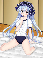 Rule 34 | 1girl, arm between breasts, between breasts, blush, bonnet, breasts, buruma, fairy fencer f, gym uniform, headdress, highres, long hair, looking at viewer, name tag, open mouth, red eyes, sitting, small breasts, solo, spread legs, tiara (fairy fencer f), very long hair, wariza, waruga, white hair