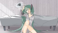 Rule 34 | 1girl, airy.i.ray, aqua eyes, aqua hair, bed, hair between eyes, hand in own hair, hatsune miku, highres, indoors, long hair, messy hair, open mouth, sitting, solo, twintails, very long hair, vocaloid