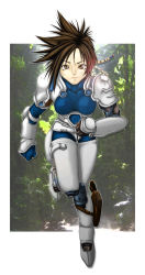 Rule 34 | 1990s (style), armor, brown eyes, brown hair, forest, iria, iria zeiram the animation, mole, mole under eye, nature, outdoors, retro artstyle, running, short hair, solo, yousuke nosekai