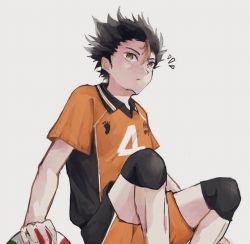 Rule 34 | 1boy, ball, black hair, blonde hair, brown eyes, dyed bangs, feet out of frame, haikyuu!!, knee pads, male focus, nishinoya yuu, sitting, solo, spiked hair, sportswear, uka suisai, volleyball, volleyball (object), volleyball uniform, white background