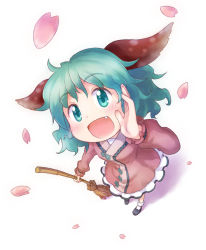 Rule 34 | 1girl, animal ears, bamboo broom, blush, broom, cherry blossoms, dress, fang, female focus, green eyes, green hair, hand to own mouth, kasodani kyouko, kurotama (avino), looking at viewer, matching hair/eyes, open mouth, perspective, petals, pink dress, solo, standing, touhou