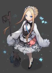 Rule 34 | 1girl, abigail williams (fate), abigail williams (festival outfit) (fate), black footwear, black shirt, blonde hair, blue eyes, breasts, bug, butterfly, closed mouth, dress, fate/grand order, fate (series), heroic spirit festival outfit, highres, insect, key, keyhole, layered skirt, long hair, long sleeves, looking at viewer, looking back, maid headdress, miya (miyaruta), mop, official alternate costume, sash, shirt, sidelocks, skirt, sleeves past fingers, sleeves past wrists, small breasts, smile, solo, stuffed animal, stuffed toy, teddy bear, white dress