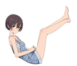 Rule 34 | 1girl, barefoot, blouse, brown hair, denim, from side, green eyes, highres, jeans, legs, original, overalls, pants, shirt, short hair, simple background, solo, striped clothes, striped shirt, white background, yahiro (epicopeiidae)