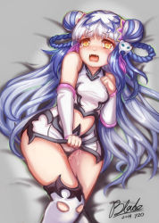 Rule 34 | 1girl, blue eyes, blush, clothes pull, dated, fangs, haku (p&amp;d), long hair, lying, multicolored hair, on back, open mouth, purple hair, pussy juice, puzzle &amp; dragons, qblade, signature, skirt, skirt pull, solo, thighhighs, very long hair, white hair, white thighhighs, yellow eyes