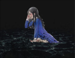 Rule 34 | 1girl, alessa gillespie, black background, black hair, blue dress, blush, crying, dress, closed eyes, foreign wine, from side, full body, long hair, silent hill, silent hill (series), silent hill 1, simple background, sitting, solo, tears, wariza