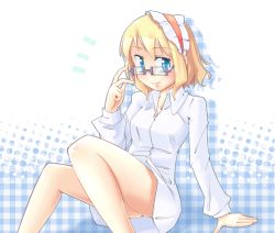 Rule 34 | 1girl, alice margatroid, arm support, arnest, bare legs, bespectacled, blonde hair, blue eyes, bottomless, dress shirt, female focus, glasses, hairband, looking over eyewear, naked shirt, no panties, no pants, shirt, short hair, sitting, solo, touhou