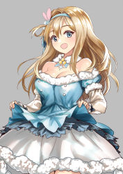 Rule 34 | 1girl, blue dress, blue eyes, blue hairband, blush, breasts, cleavage, clothes lift, commentary, cowboy shot, dress, dress lift, english commentary, frilled sleeves, frills, fur-trimmed dress, fur trim, girls&#039; frontline, grey background, hair between eyes, hair ornament, hairband, highres, kaorihero, large breasts, light brown hair, long hair, long sleeves, looking at viewer, off shoulder, official alternate costume, open mouth, petticoat, sidelocks, simple background, snowflake hair ornament, solo, suomi (girls&#039; frontline), suomi (korvatunturi pixie) (girls&#039; frontline)