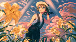 Rule 34 | 1girl, :o, absurdres, bare shoulders, blue eyes, brown hair, cloud, commentary request, evening, flower, from below, hair between eyes, hand on headwear, hat, hat ribbon, hibiscus, highres, michinoku (hiking miusan18), open mouth, original, outdoors, overalls, ribbon, scenery, shirt, sky, sleeveless, sleeveless shirt, solo, sunset, white hat, white shirt, wind turbine, windmill, yellow flower
