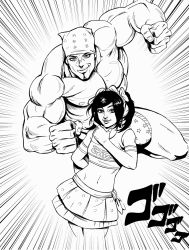 Rule 34 | 1boy, 1girl, abs, absurdres, black hair, blouse, bow, cheerleader, crop top, elbow gloves, emphasis lines, gachimuchi pants wrestling, gloves, greyscale, hair bow, hand on own chin, headphones, headset, highres, jojo no kimyou na bouken, looking at viewer, love live!, love live! school idol project, meme, midriff, mikaell sillva, monochrome, muscular, parody, polka dot, polka dot skirt, real life, ricardo milos, shirt, skirt, sleeveless, sleeveless shirt, smile, sound effects, stand (jojo), stroking own chin, style parody, twintails, wrestling (series), yazawa nico