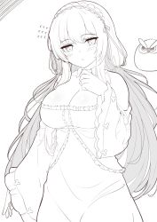 Rule 34 | 1girl, absurdres, azur lane, blush, breasts, cleavage, closed mouth, commentary request, copyright request, dress, flying sweatdrops, frilled dress, frills, greyscale, hand up, highres, long hair, long sleeves, medium breasts, monochrome, moyoron, off-shoulder dress, off shoulder, perseus (azur lane), sleeves past wrists, solo, very long hair, white background, wide sleeves