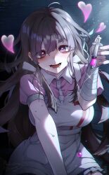 Rule 34 | 1girl, apron, bandaged arm, bandages, between legs, black hair, blunt bangs, blunt ends, blush, breasts, chromatic aberration, collared shirt, crazy eyes, danganronpa (series), danganronpa 2: goodbye despair, drooling, eyes visible through hair, glitch, grey eyes, hand between legs, heart, heart in eye, highres, holding, holding syringe, large breasts, long hair, looking at viewer, mole, mole under eye, onyang, open mouth, pink shirt, puffy short sleeves, puffy sleeves, shirt, short sleeves, signature, smile, solo, spoilers, sweat, symbol in eye, syringe, tsumiki mikan, white apron
