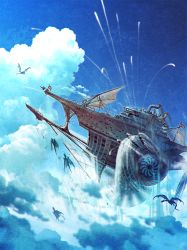 Rule 34 | animal, blue sky, cloud, commentary request, day, dragon, fantasy, flag, flying, highres, mocha (cotton), no humans, original, outdoors, sail, scenery, ship, sky, smoke, vehicle focus, watercraft