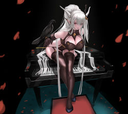 Rule 34 | absurdres, arknights, between breasts, bird, breasts, elbow gloves, garter straps, gloves, green hair, halterneck, highres, horns, instrument, large breasts, legs together, nikumocchi, pale skin, petals, piano, pointy ears, red eyes, shining (arknights), sitting, solo, thigh gap, thighhighs