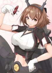 1girl absurdres breasts brown_eyes brown_hair flipped_hair gloves hair_between_eyes headgear highres kantai_collection large_breasts looking_at_viewer midriff mutsu_(kancolle) mutsu_kai_ni_(kancolle) navel pink_background short_hair smile solo tastas upper_body white_gloves